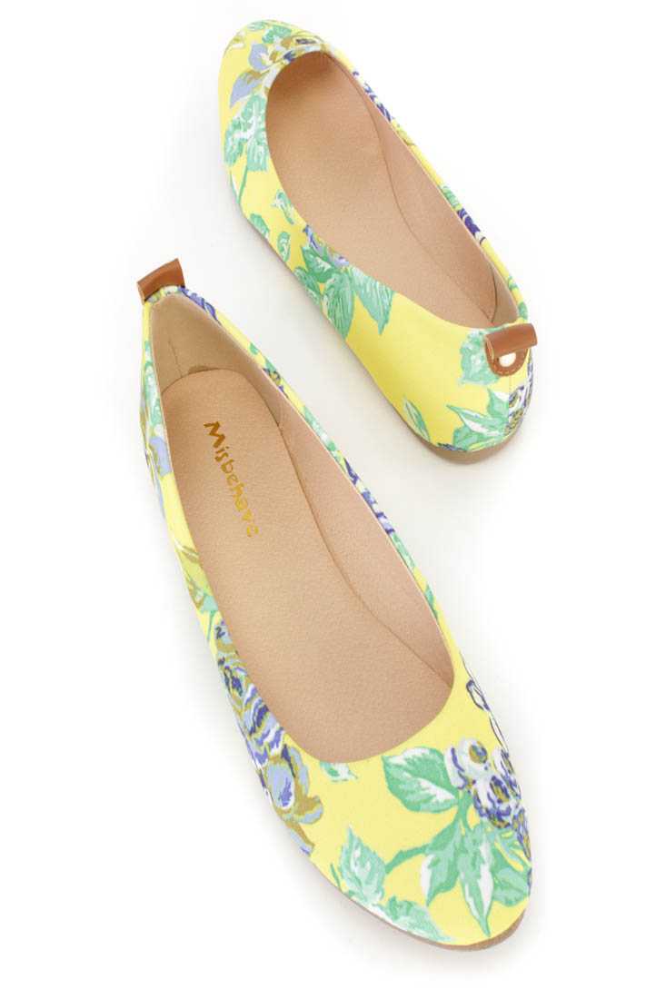 Yellow Floral Graphic Pattern Ballet Flats Canvas