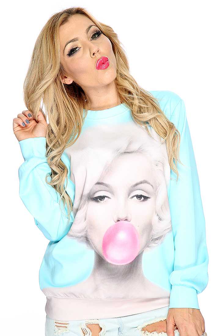Sky Blue Graphic Print Pullover Sweater