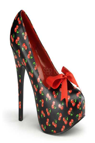 Black Faux Leather Cherry Printed High Heels