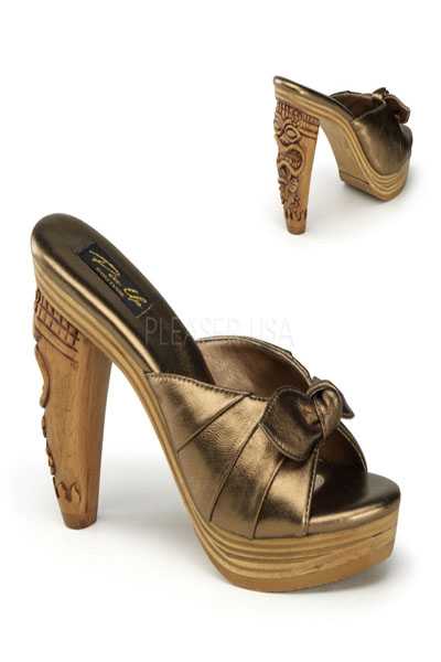Pewter Pleated Knotted Leather Peep Toe Carved Tiki High Heels