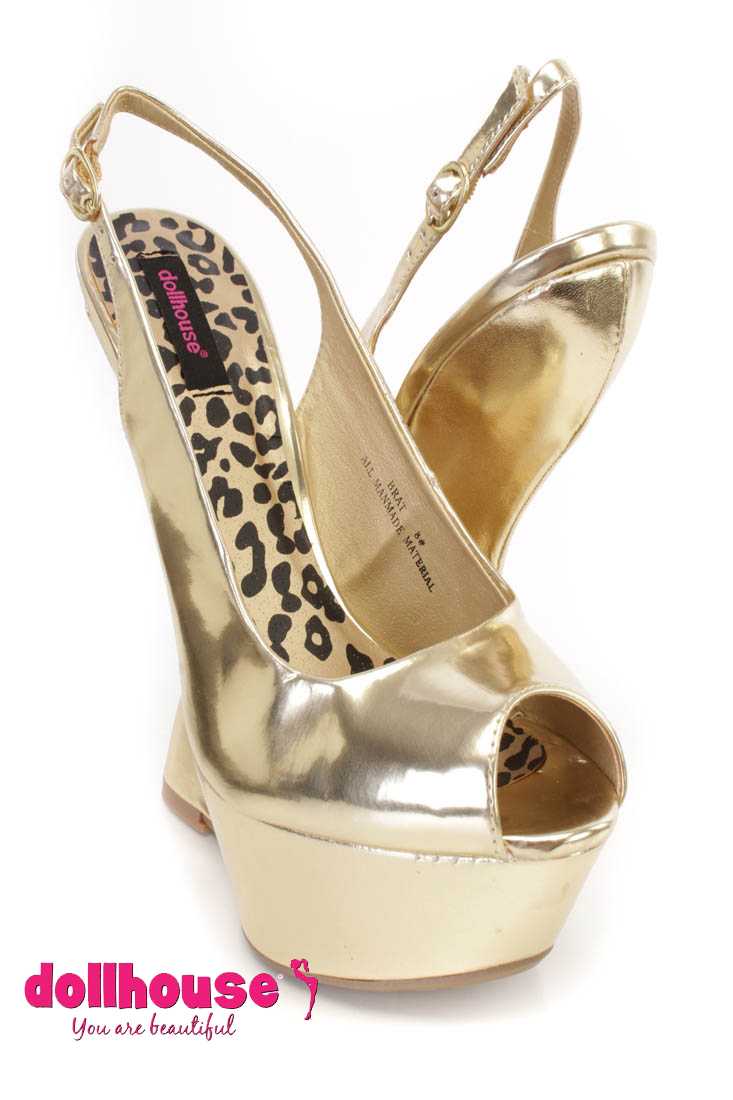 Gold Peep Toe Slingback Curved Wedges Faux Leather