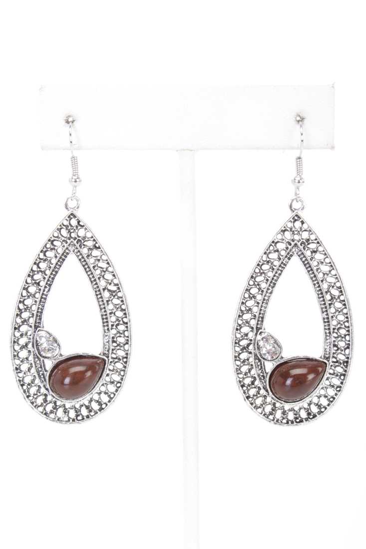 Brown Silver Intricate Beaded Tear Drop Earrings