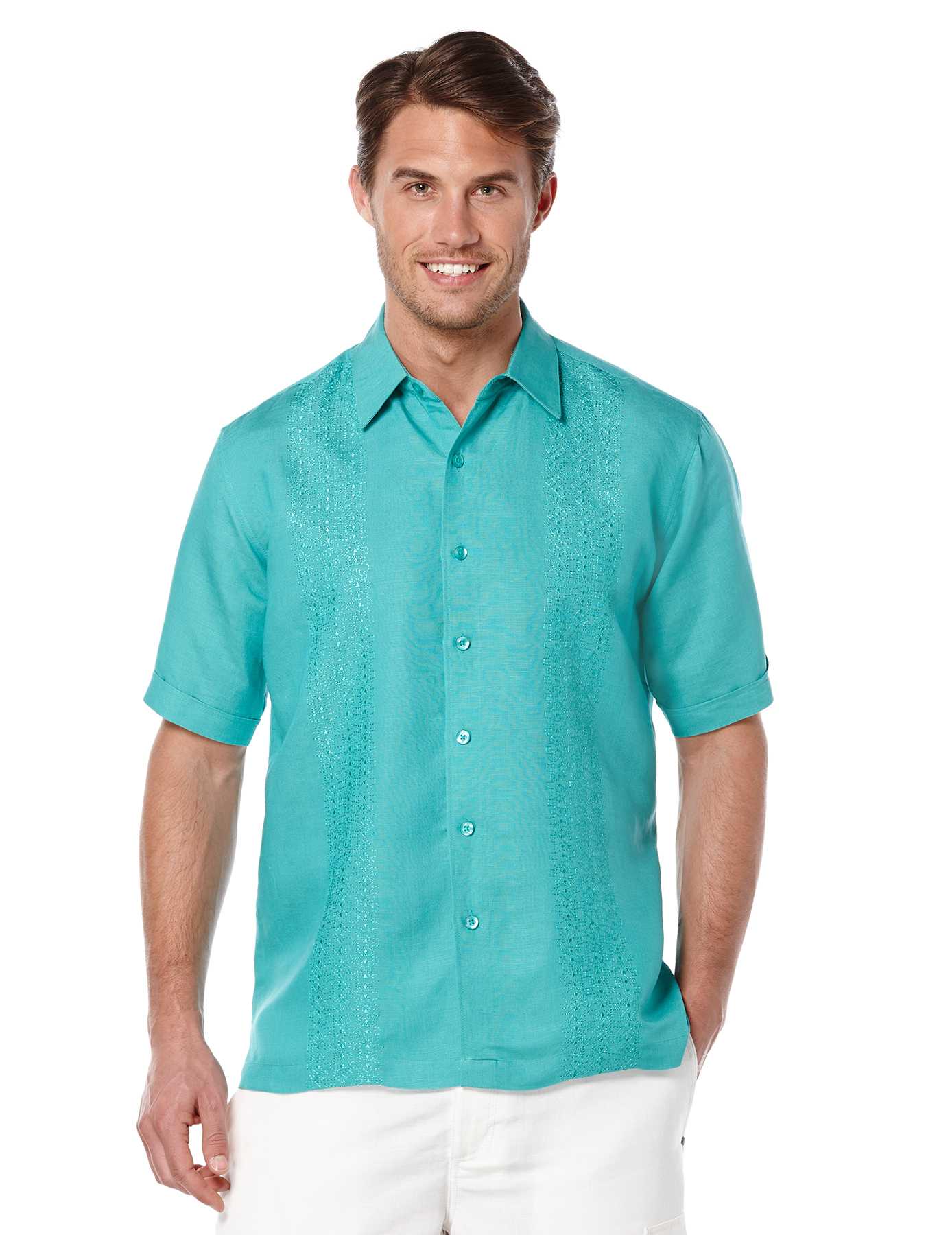 Cubavera Short Sleeve Linen Embroidered Panel