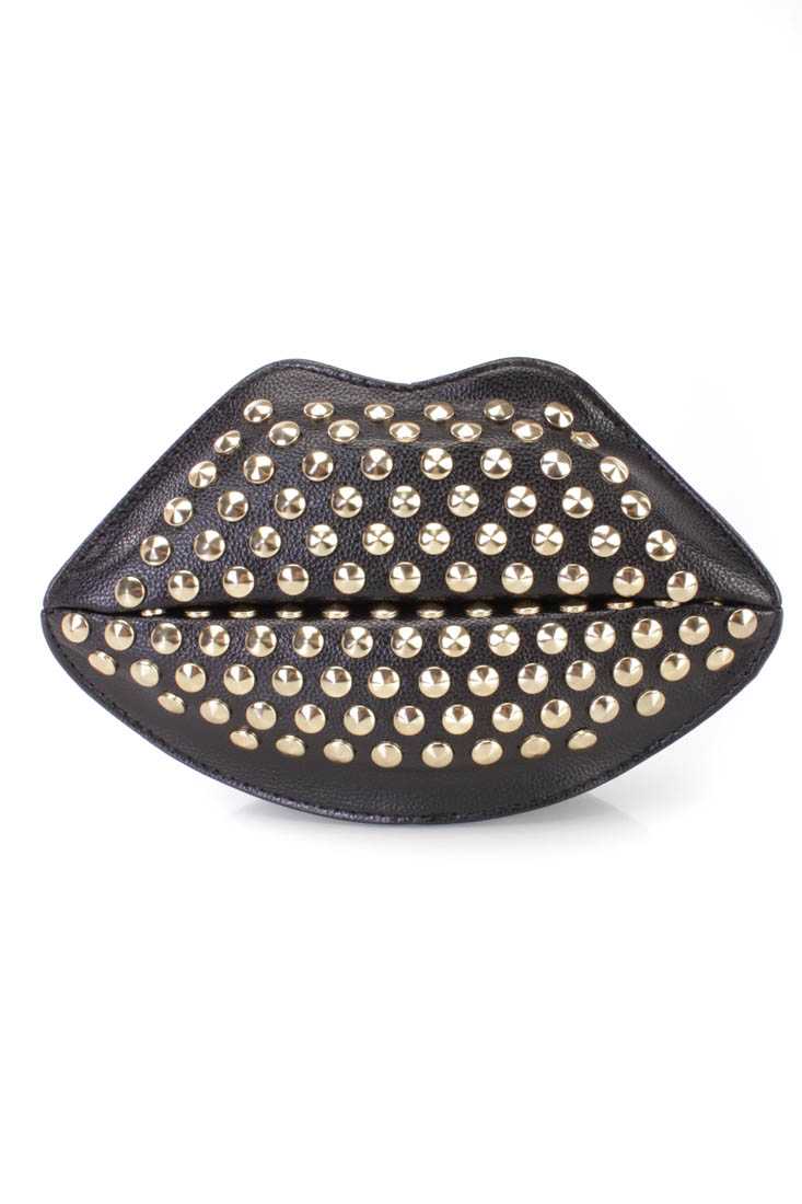 Black Faux Leather Studded Lip Mini Handbag