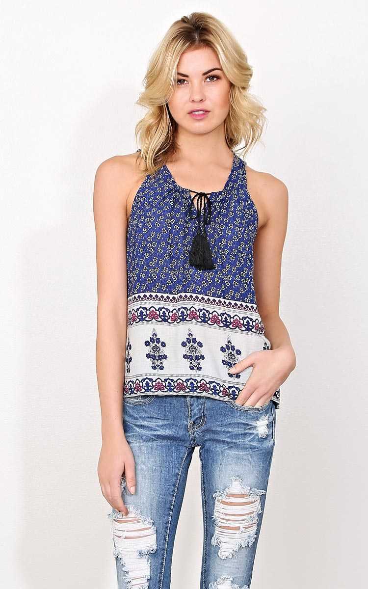 Paloma Woven Tassle Tank - MED - Blue Combo in Size Medium by Styles For Less