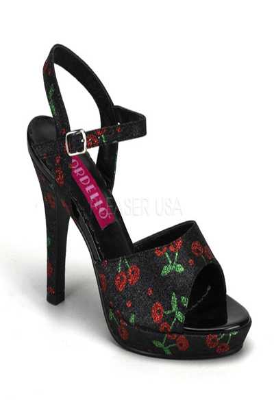 Black Glitter Cherry Print Open Toe Platform High Heels