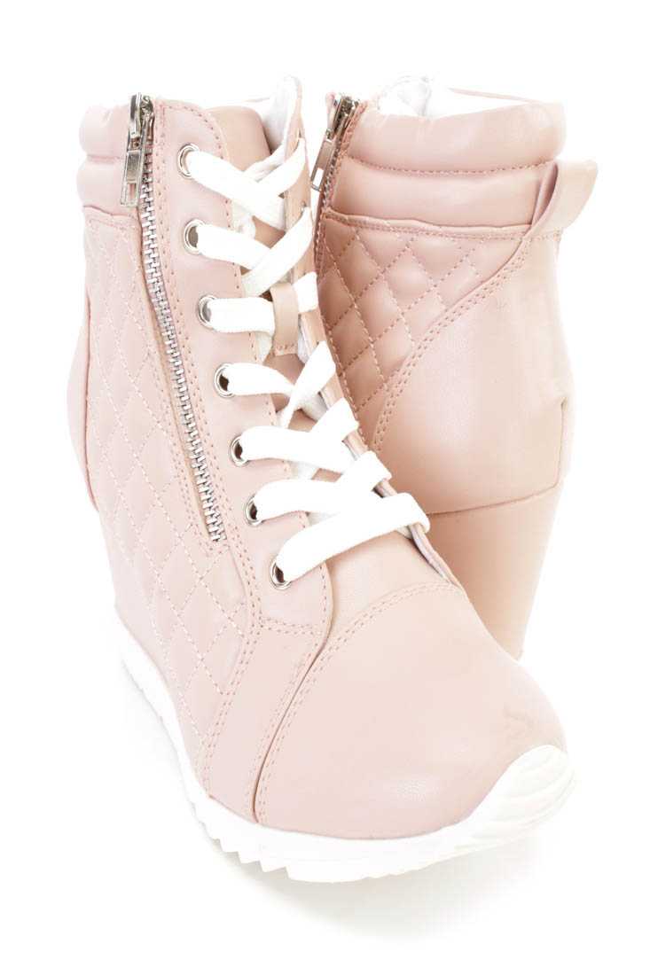 Light Coral Quilted Sneaker Wedges Faux Leather