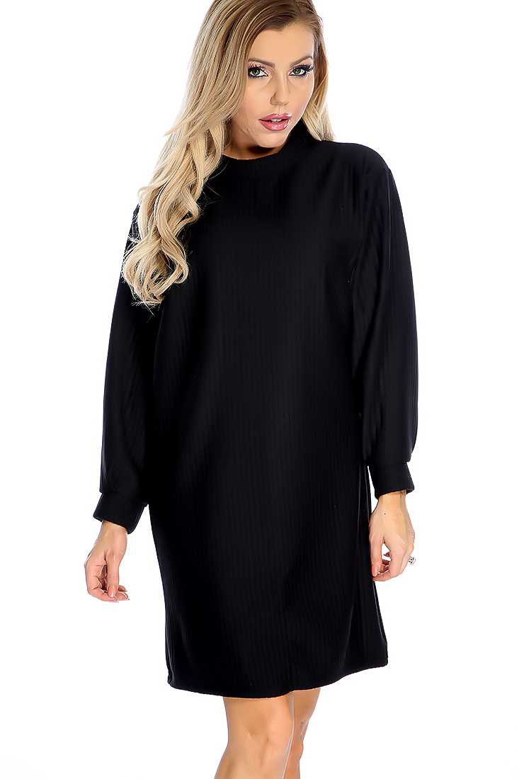 Sexy Black Ribbed Long Sleeve Sweater Dress