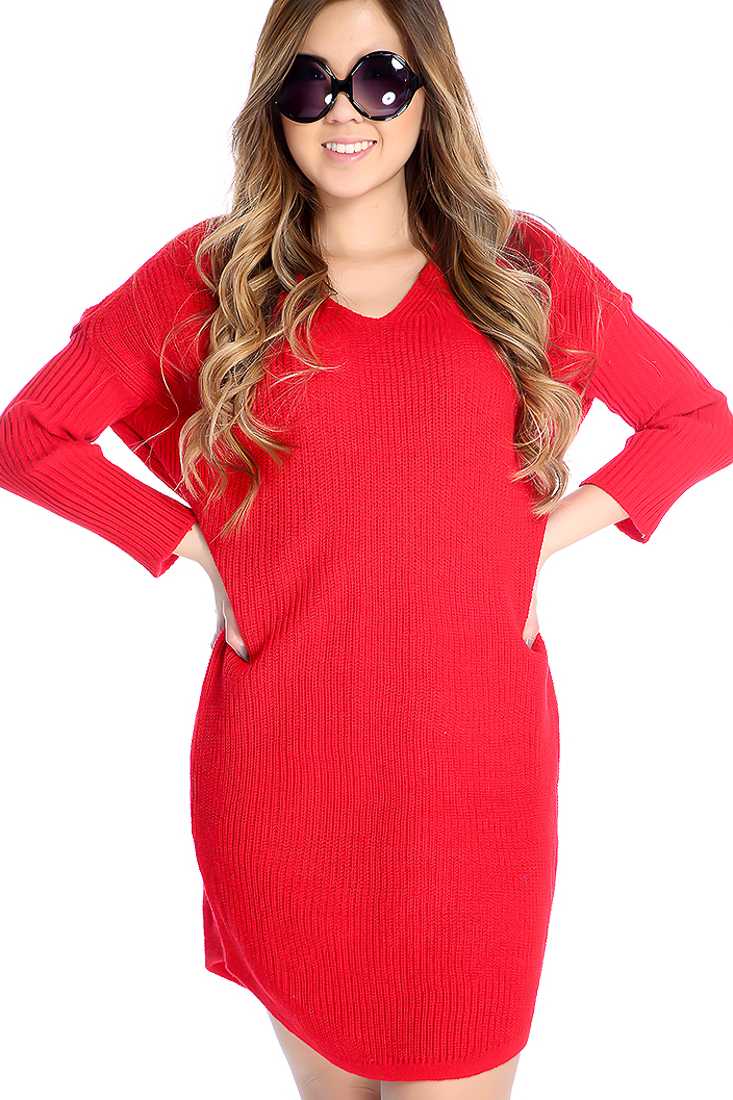 Red Long Sleeve V Neck Open Knit Oversized Sweater Dress