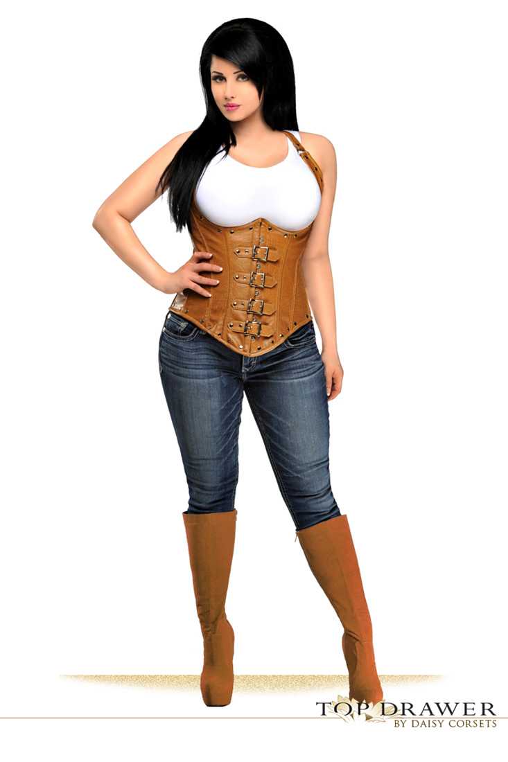 Camel Plus Size Steel Boned Distressed Faux Leather Underbust Corset Top