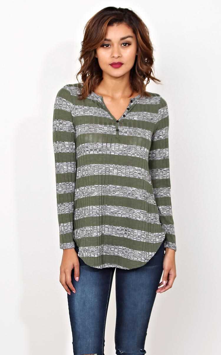 Down To Earth Knit Top - LGE - Olive Combo in Size Large by Styles For Less