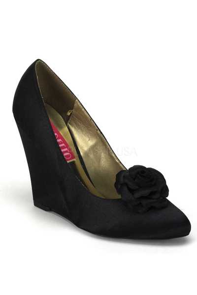 Black Satin Fabric Rose Clip Pointed Toe Wedges