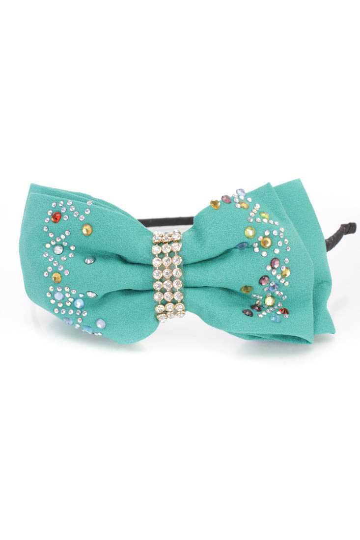 Cute Jade Rhinestone Detail Hair Bow Headband