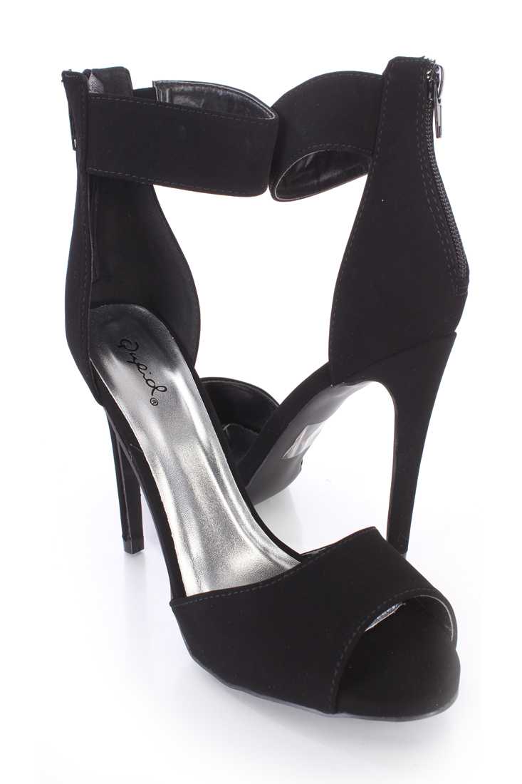 Black Peep Toe Single Sole High Heels Nubuck Faux Leather