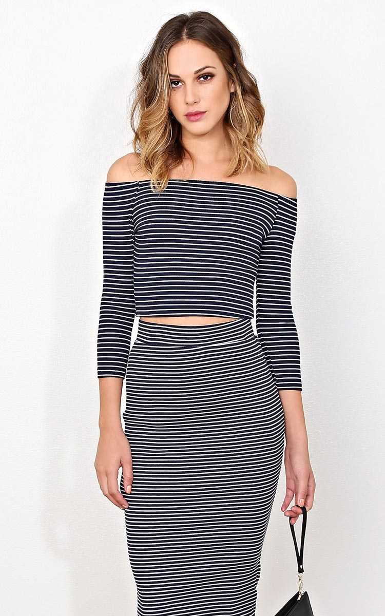 Deep Love Rib Knit Crop Top - LGE - Navy Combo in Size Large by Styles For Less