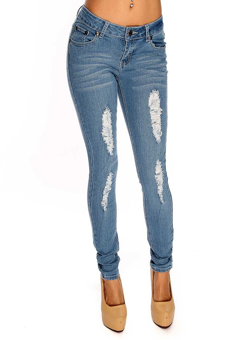 Denim Stone Wash Pocketed Distressed Blue Sexy Skinny Jeans