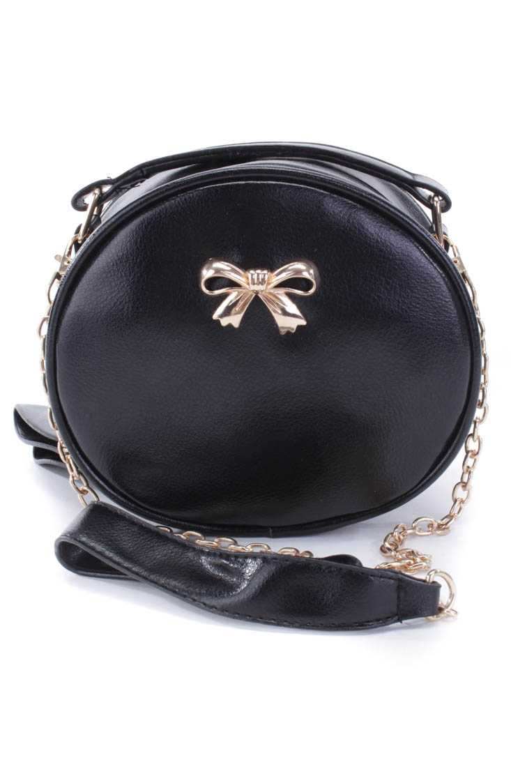 Black Faux Leather High Polish Bow Accent Handbag