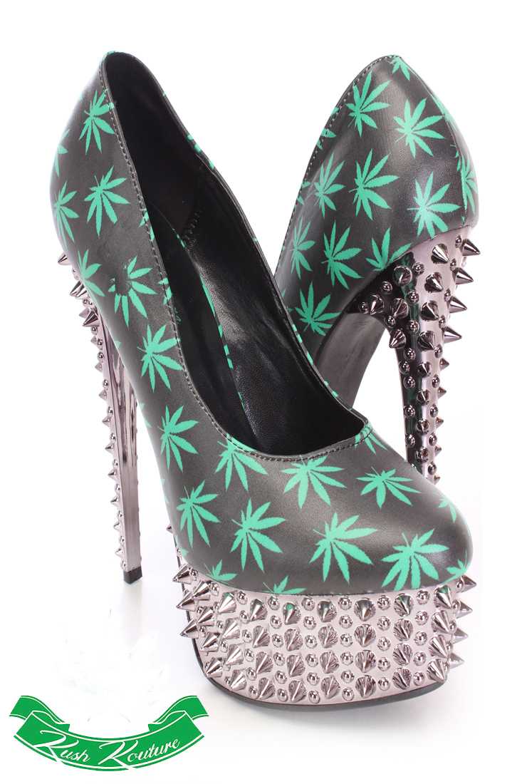 Black Green Herbal Leaf Pump High Heels Faux Leather