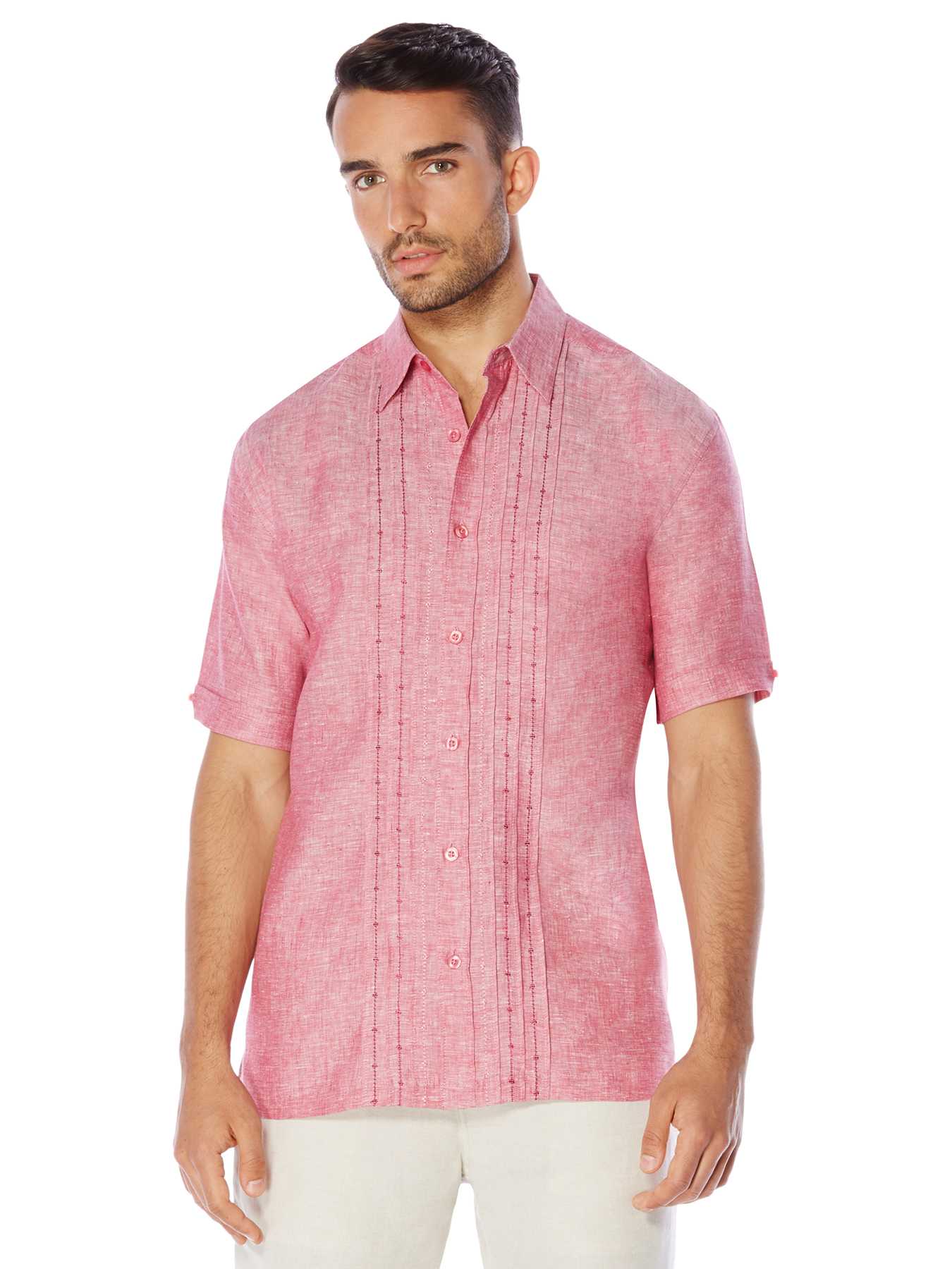 Cubavera 100% Linen Short Sleeve Ombre Geo Embroidered Shirt