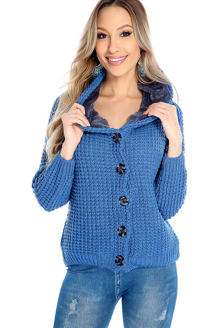 Royal Blue Knitted Button Up Hooded Plush Sweater