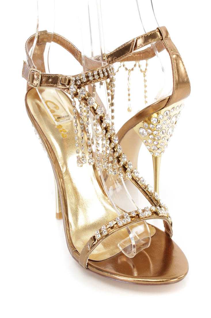Bronze Rhinestone Dangle Strappy High Heels Faux Leather