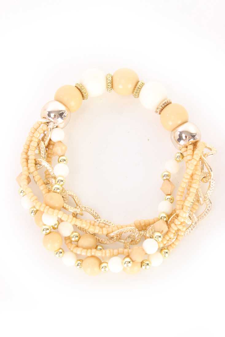 Beige Beaded Design High Polish Chain Link Accent Layered Bracelet