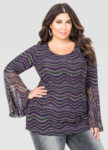 Chevron Mesh Bell Sleeve Top