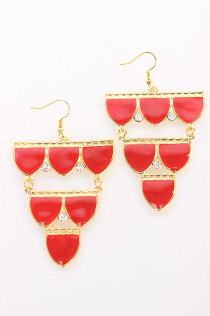 Red High Polish Droopy Rhinestone Accent Chandelier Earrings