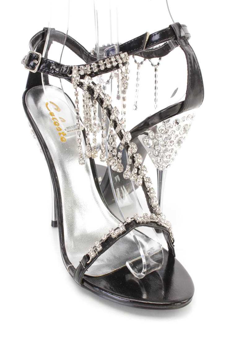 Black Rhinestone Dangle Strappy High Heels Faux Leather