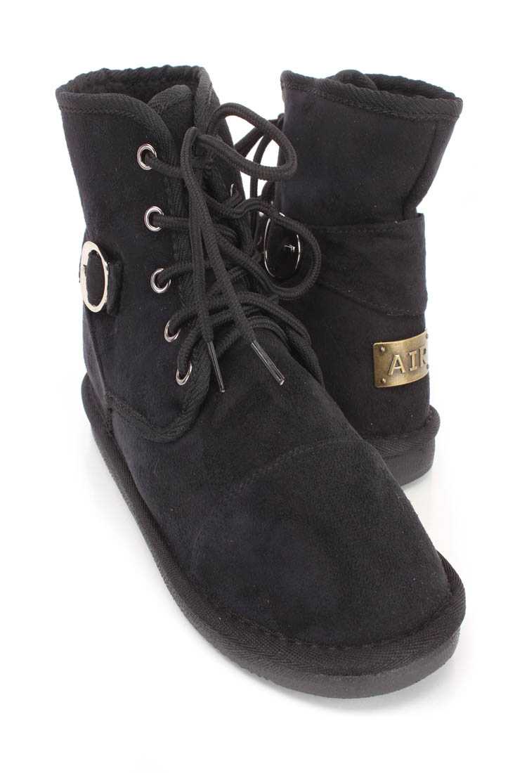 Black Lace Up Comfy Ankle Booties Faux Suede