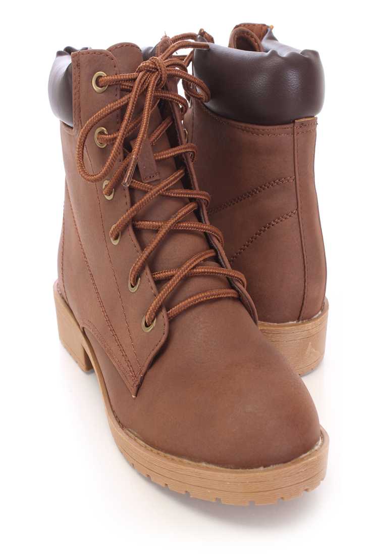 Brown Lace Up Tie Ankle Booties Faux Leather