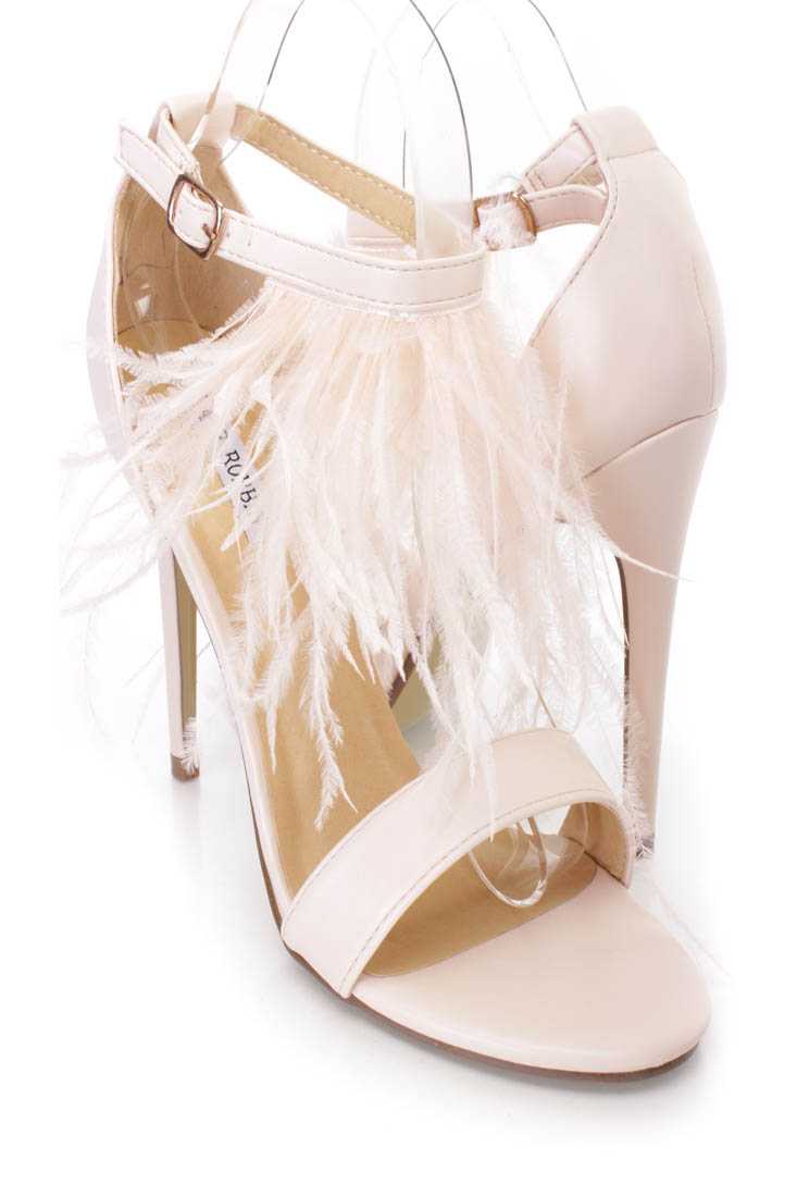 Nude Marabou Feather Single Sole Heels Faux Leather