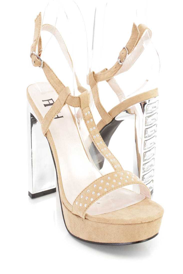 Camel Studded T Strap Platform Heels Faux Suede