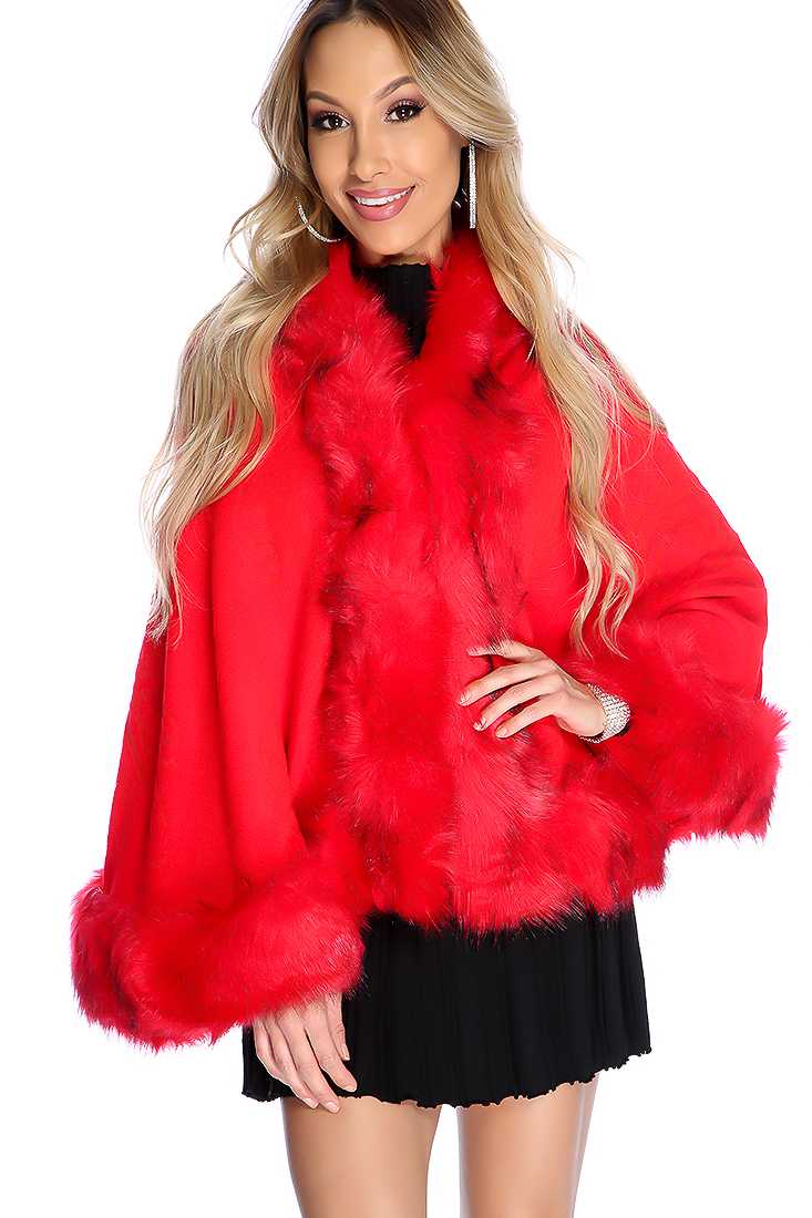 Red Embossed Design Faux Leather Trim Shawl
