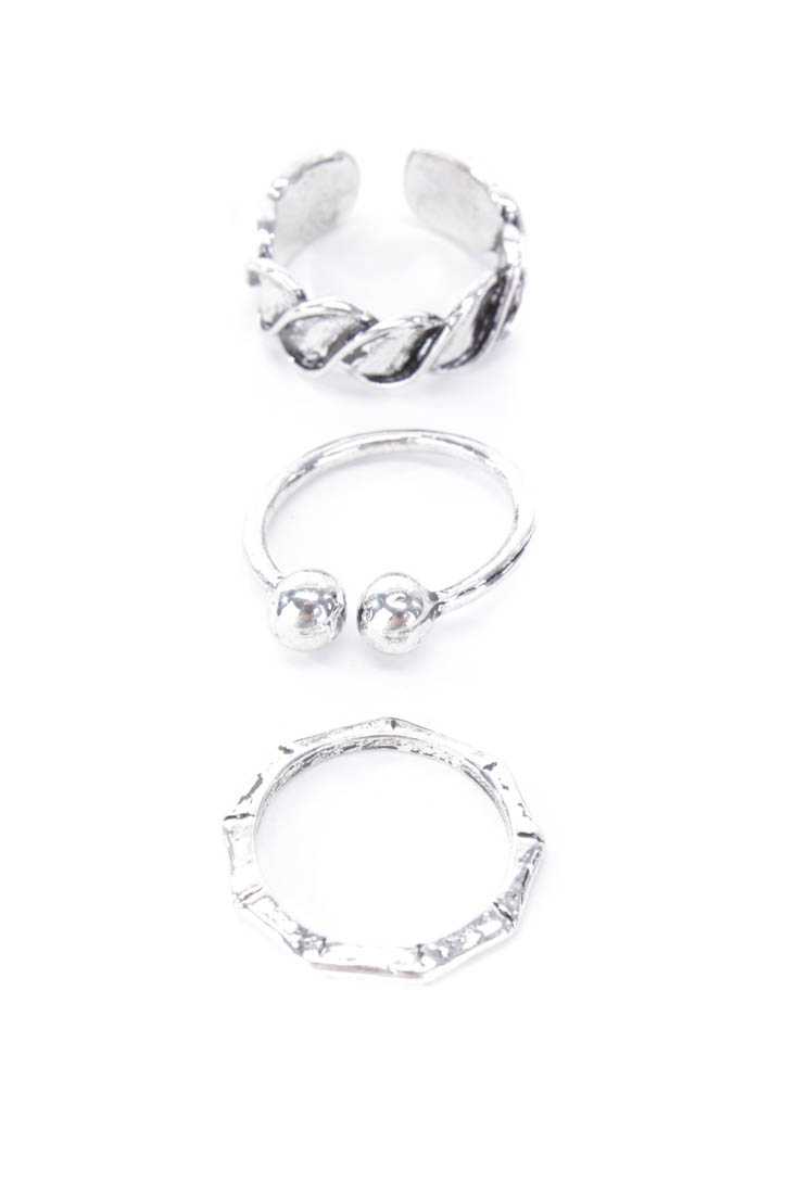Silver High Polish Textured Beaded Ring Set