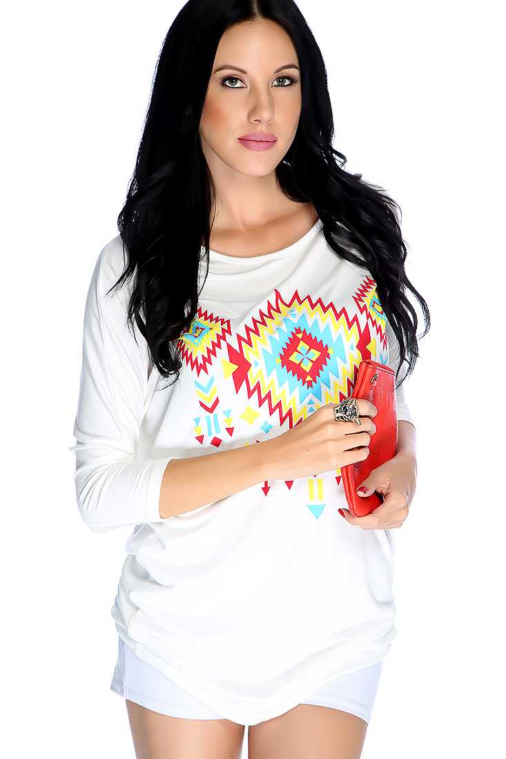Casual White Tribal Graphic Print Top