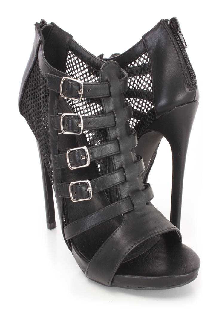 Black Netted Strappy Single Sole Booties Faux Leather