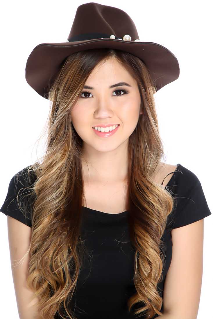Brown Faux Pearl Detailing Panama Hat