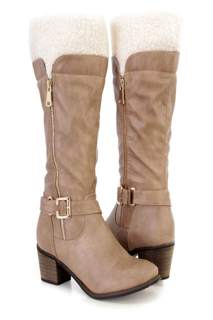 Khaki Faux Shearing Chunky Heel Boots Faux Leather