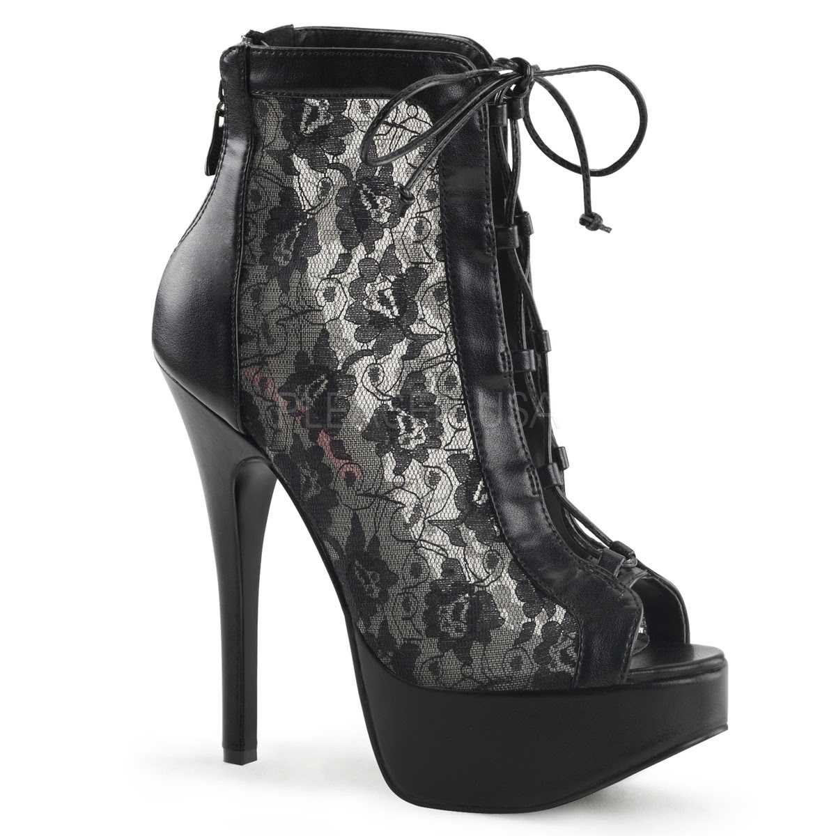 Black Floral Mesh Lace Booties Faux Leather