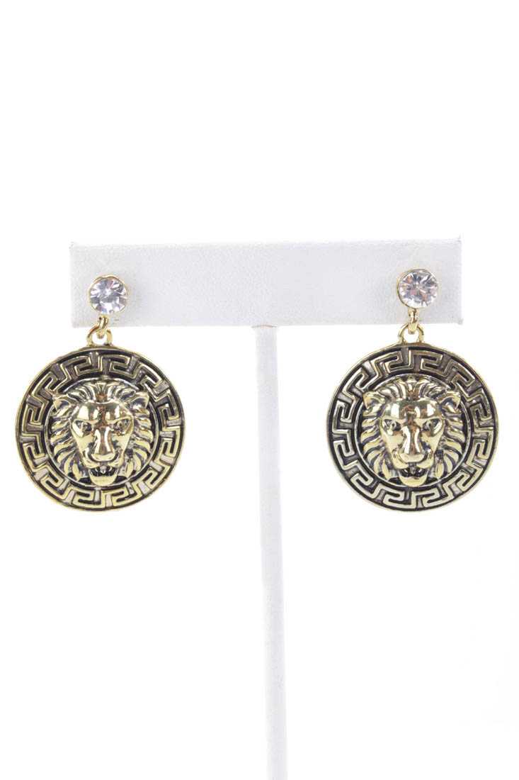 Gold Animal Carved Rhinestone Detail High Polish Earrings