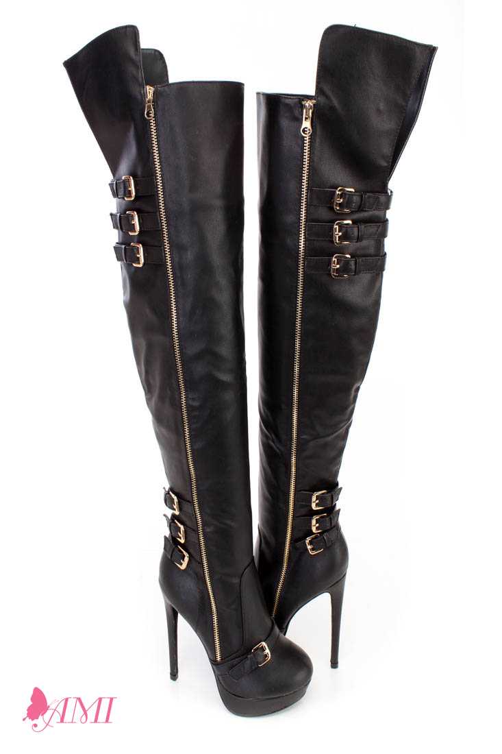 Black Buckle Accents Fall Sexy Thigh High Heel Boots Faux Leather