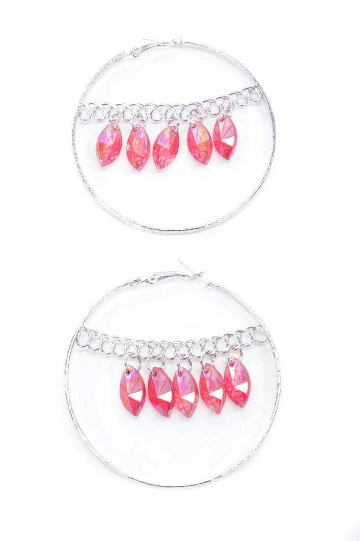 Fuchsia Silver Hoop Dangling Beads Earrings Earrings