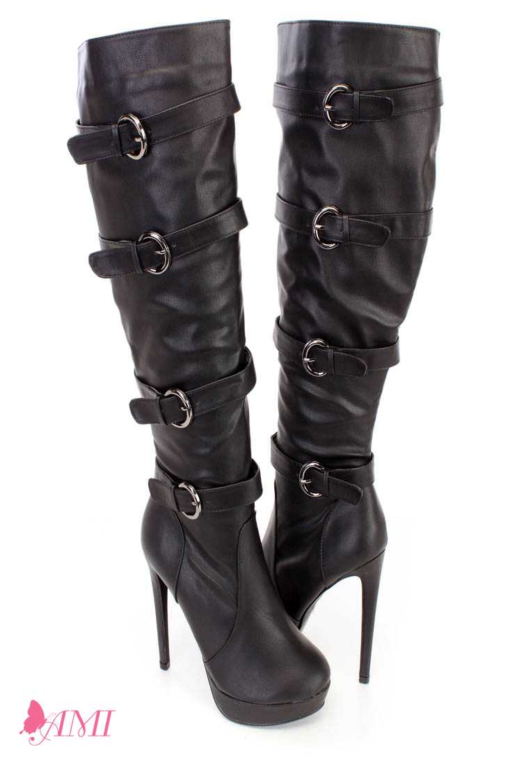 Black Strappy Sexy High Heel Boots Faux Leather