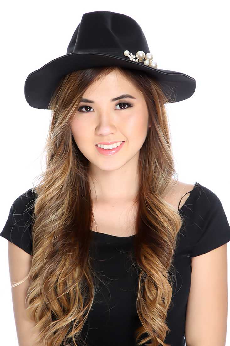 Black Faux Pearl Detailing Panama Hat