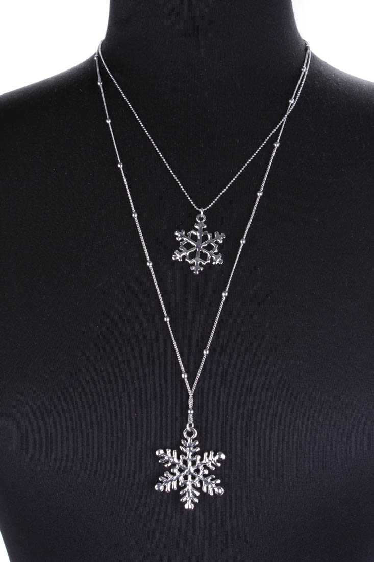 Silver Layered Snowflake Pendant Rhinestone Detail Necklace