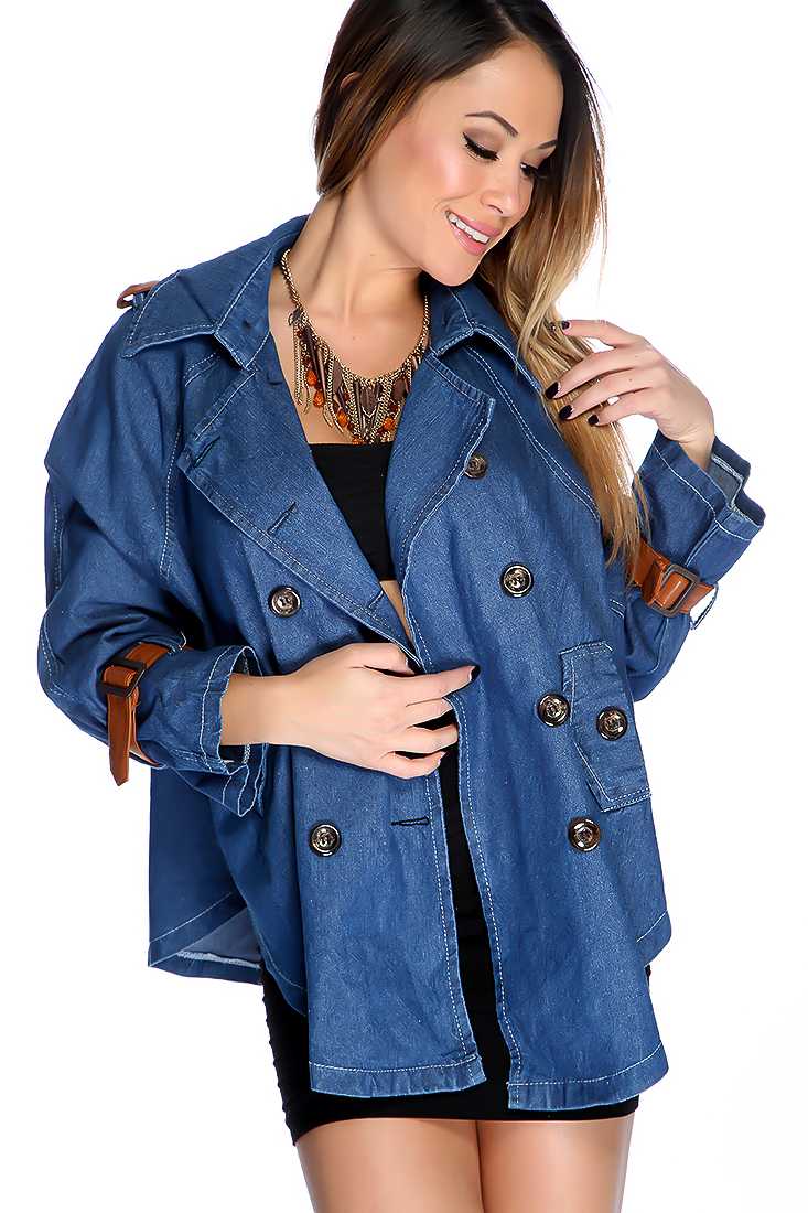 Dark Blue Long Sleeve Faux Leather Strap Denim Jacket
