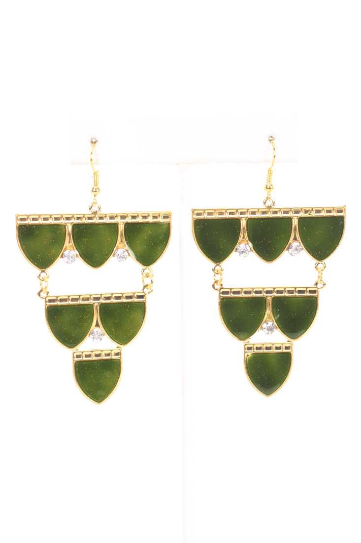 Green High Polish Droopy Rhinestone Accent Chandelier Earrings