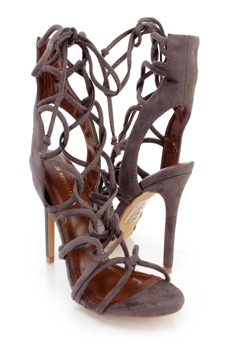 Grey Lace Up Loop Strappy Single Sole High Heels Faux Suede