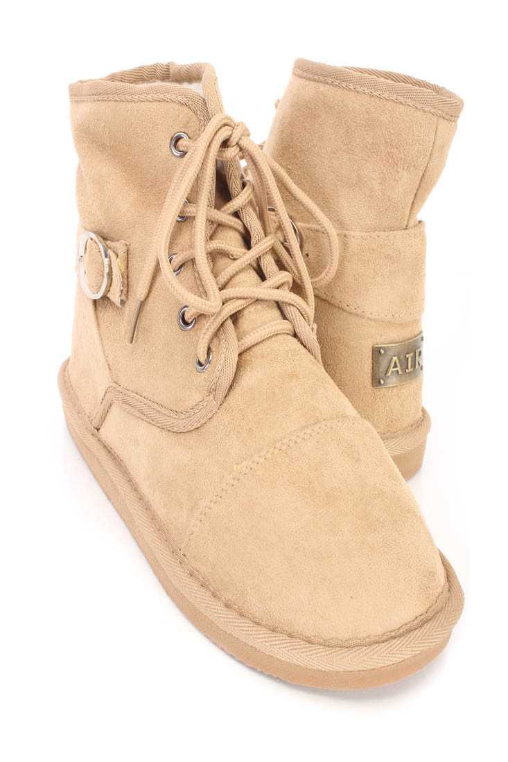 Camel Lace Up Comfy Ankle Booties Faux Suede